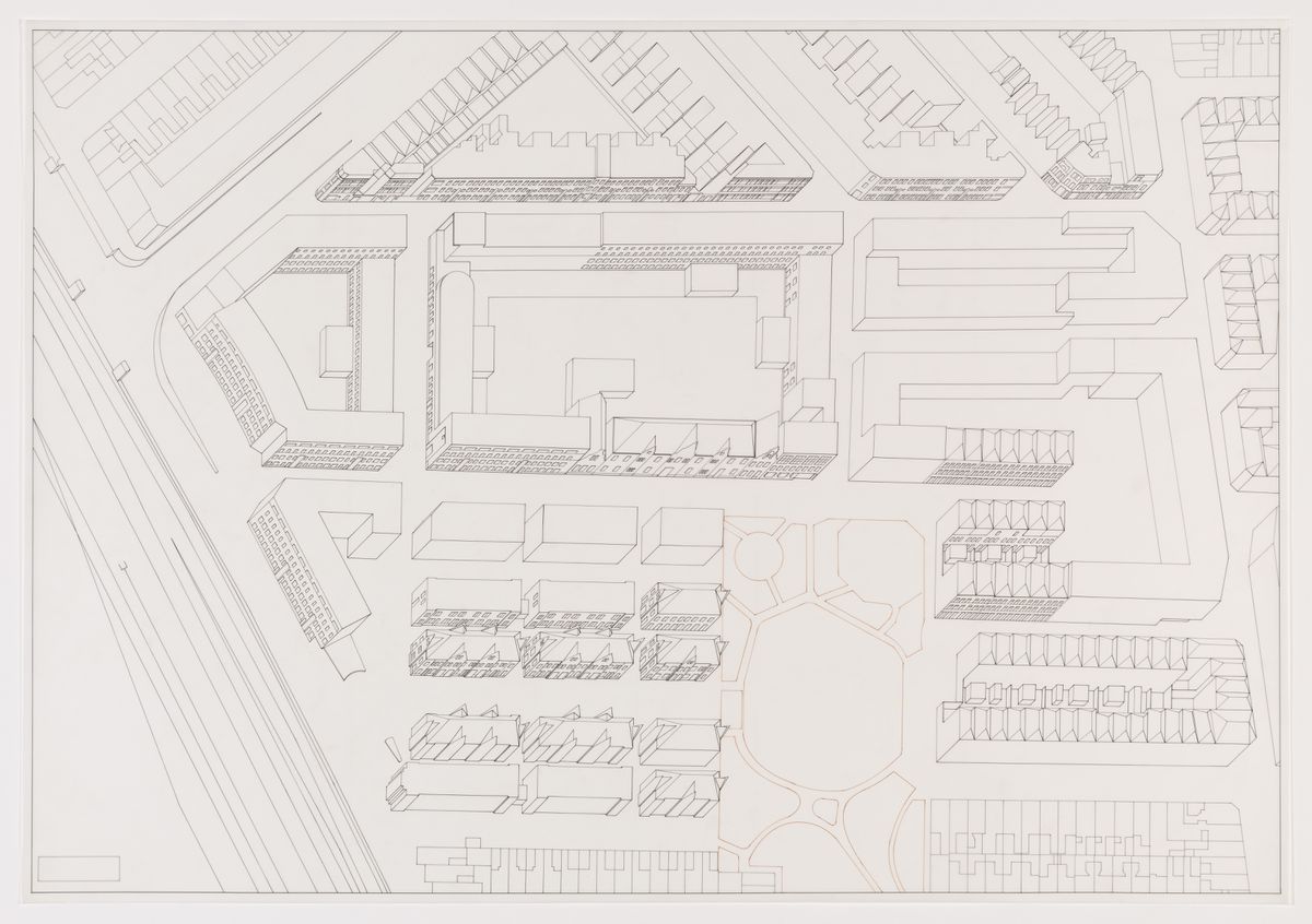Álvaro Siza. Perspective axonométrique de l'aménagement proposé pour le secteur « Deelgebied 5 », y compris les îlots d'habitation Punt en Komma, La Haye, vers 1985