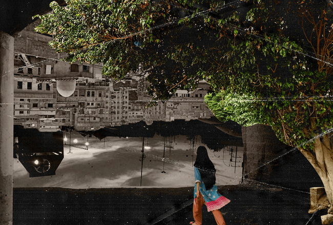 Un collage numérique capturant les couches de Karachi : Le passage souterrain de Clifton, une vue du toit du lycée NJV et un vieil arbre près de Hassan Square. Karachi, Sindh, Pakistan