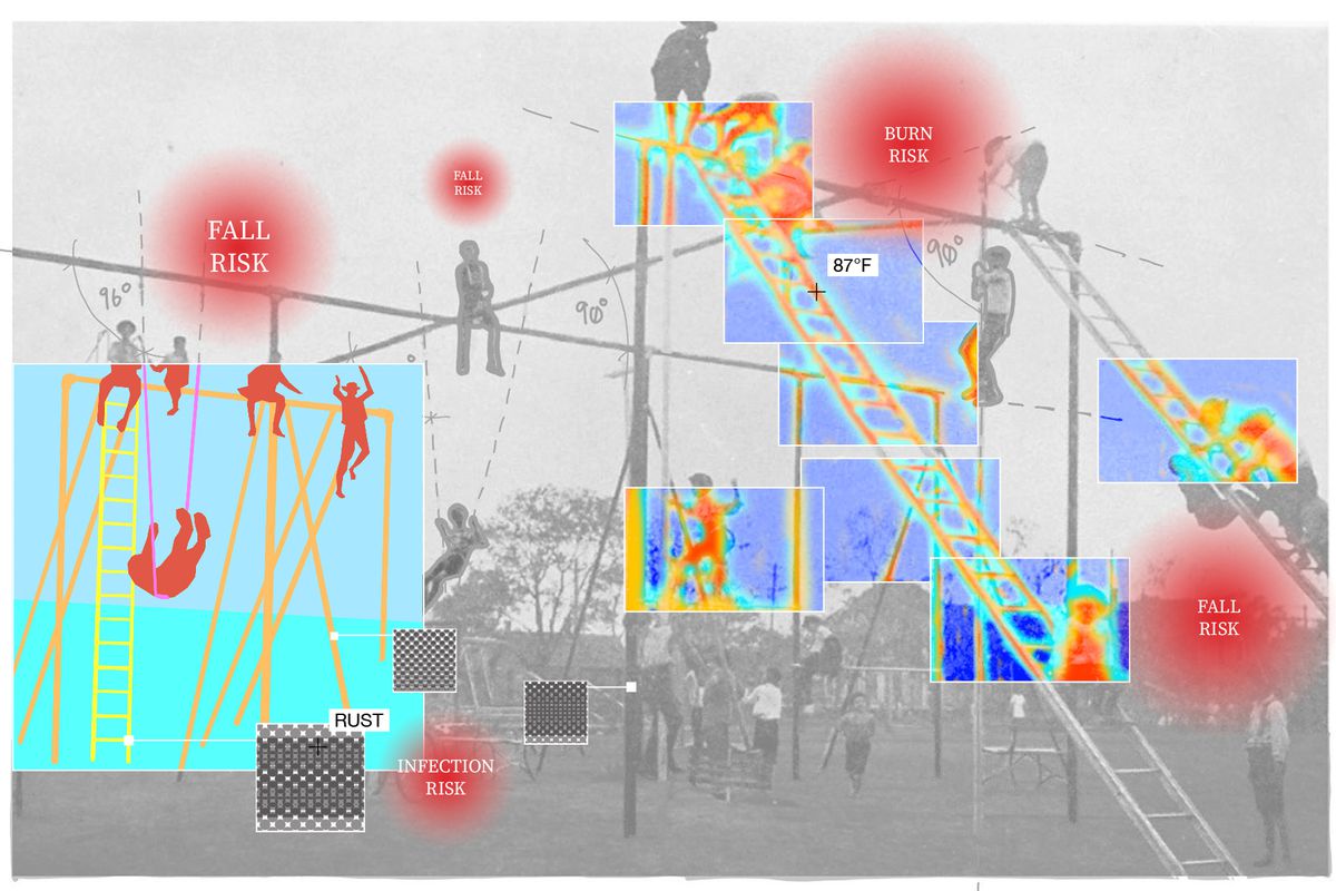 Enfants du Trinity Play Park jouant sur des équipements de terrain de jeu en fer, 1900, Bibliothèque publique de Dallas