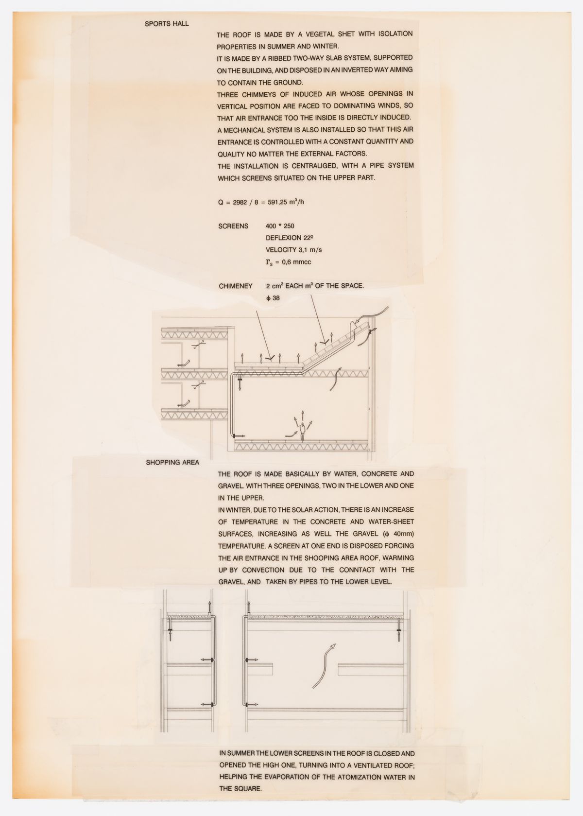 Ábalos & Herreros. Maquette d'un panneau de présentation décrivant les propriétés climatiques des structures de la toiture du centre sportif et de la zone commerciale en hiver et en été, Concurso Zephyr : tours hybrides autosuffisantes, Madrid, 1993–1994