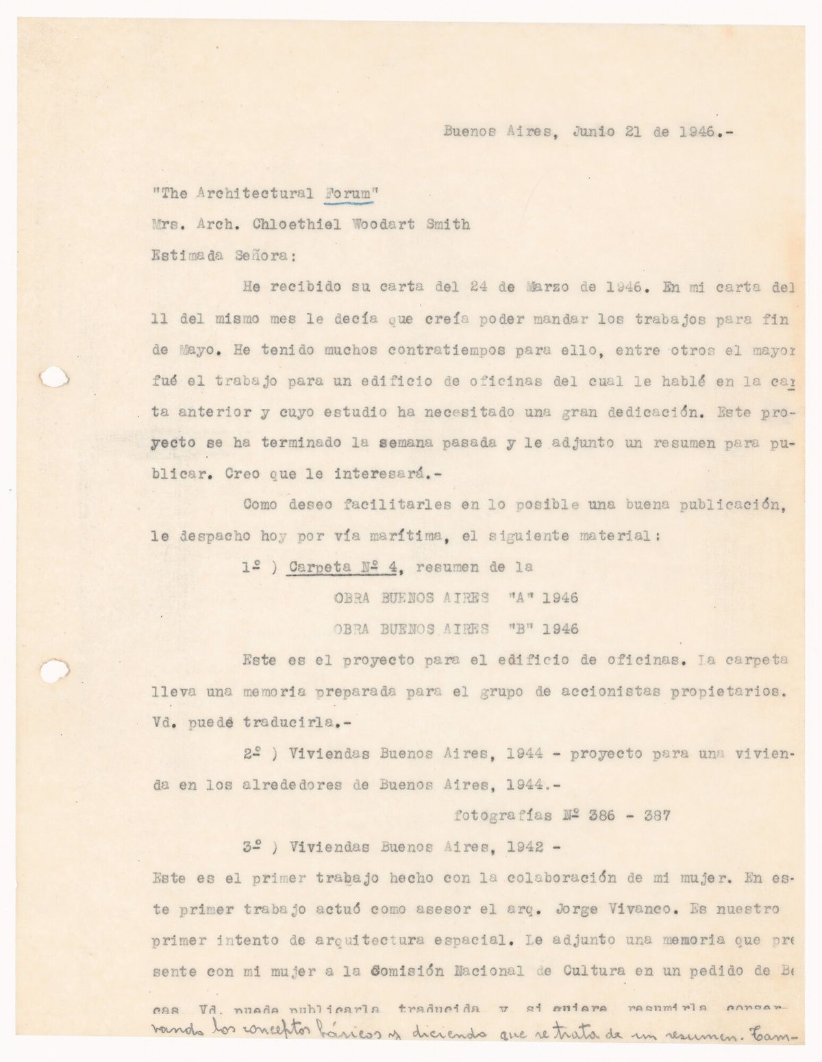 Letter from Amancio Williams to Chloethiel Woodard Smith, 21 June 1946