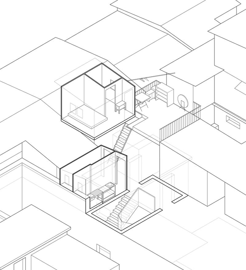 Rufina Wu, artist. Axonometric drawing, Building 2, Unit 2, Sham Shui Po District. 2008