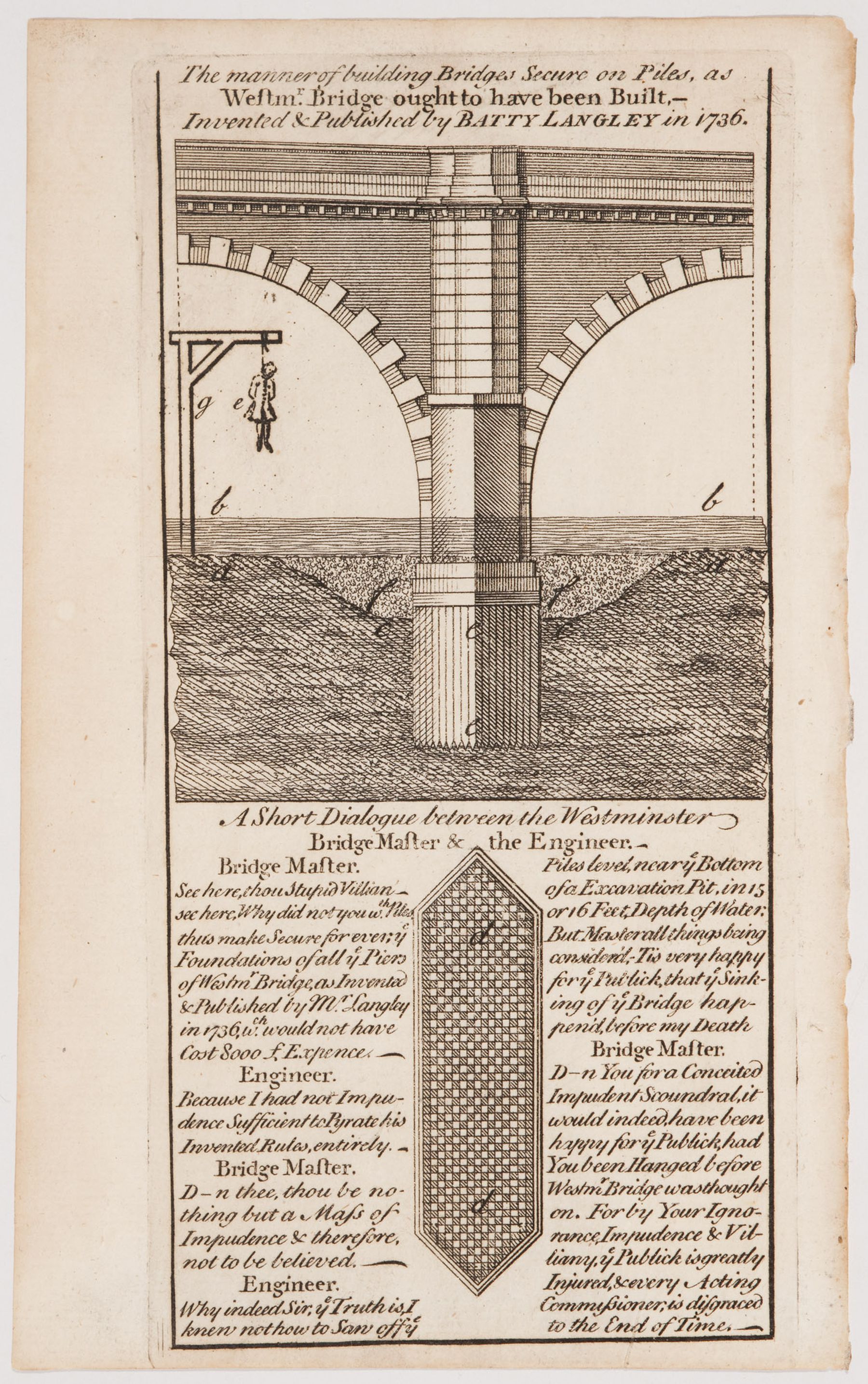 Unnumbered plate: The manner of building Bridges, Secure on Piles, as Westminster Bridge ought to have been Built, from Batty Langley, <i>A survey of Westminster Bridge</i>. (London: Printed for M. Cooper, 1748).