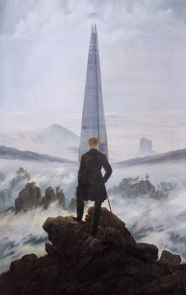 Valerio Recchioni, "Wanderer above the Sea of Glass. (Friedrich+Renzo Piano)", 2017, from the series Genius Disloci