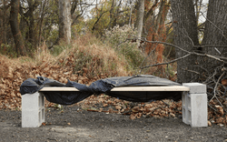 Photograph by Noah Kennel. A provisional bench made by Green Lawn Cemetery organizer and volunteer, Twyla Simpkins. Green Lawn Cemetery, Chester Township, Pennsylvania, USA. 