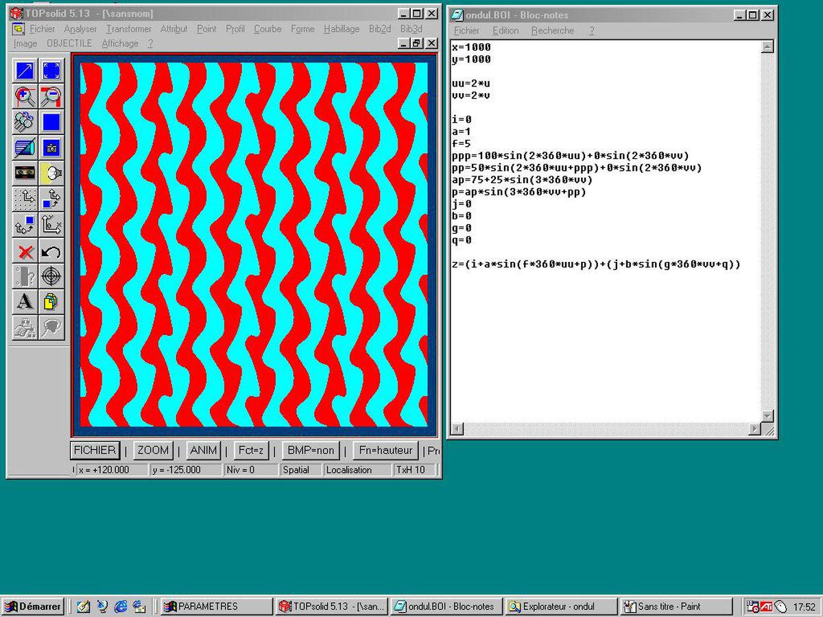 Bernard Cache. Screenshots of TopSolid™ version 5 interface showing variations of surfaces by manipulation of a parametric equation. 1998