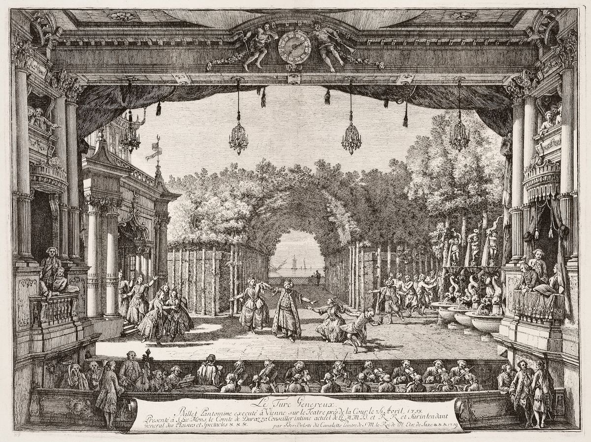 Bernardo Bellotto. Ballet Le Turc Généreux, Vienne. Décors de scène pour une représentation. Imprimé en 1759