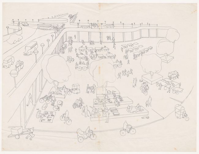 Sketch perspective of informal sector for Linear City, Chandigarh, India, ca. 1975-1987