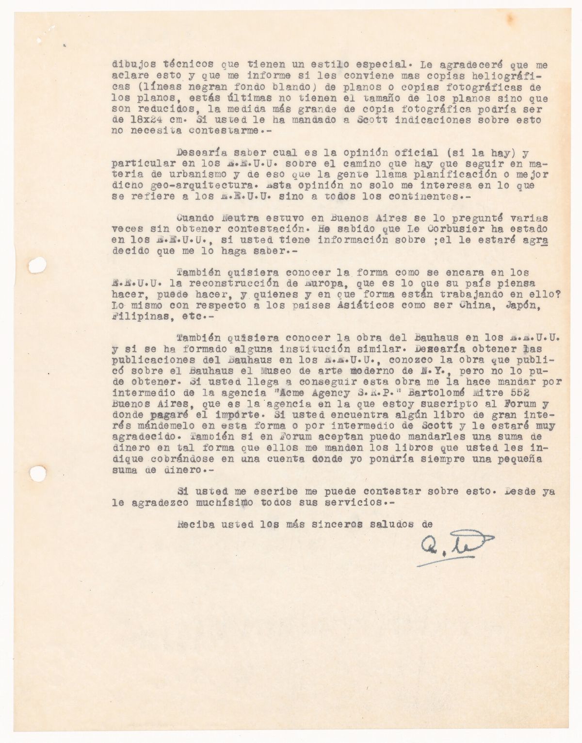 Letter from Amancio Williams to Chloethiel Woodard Smith