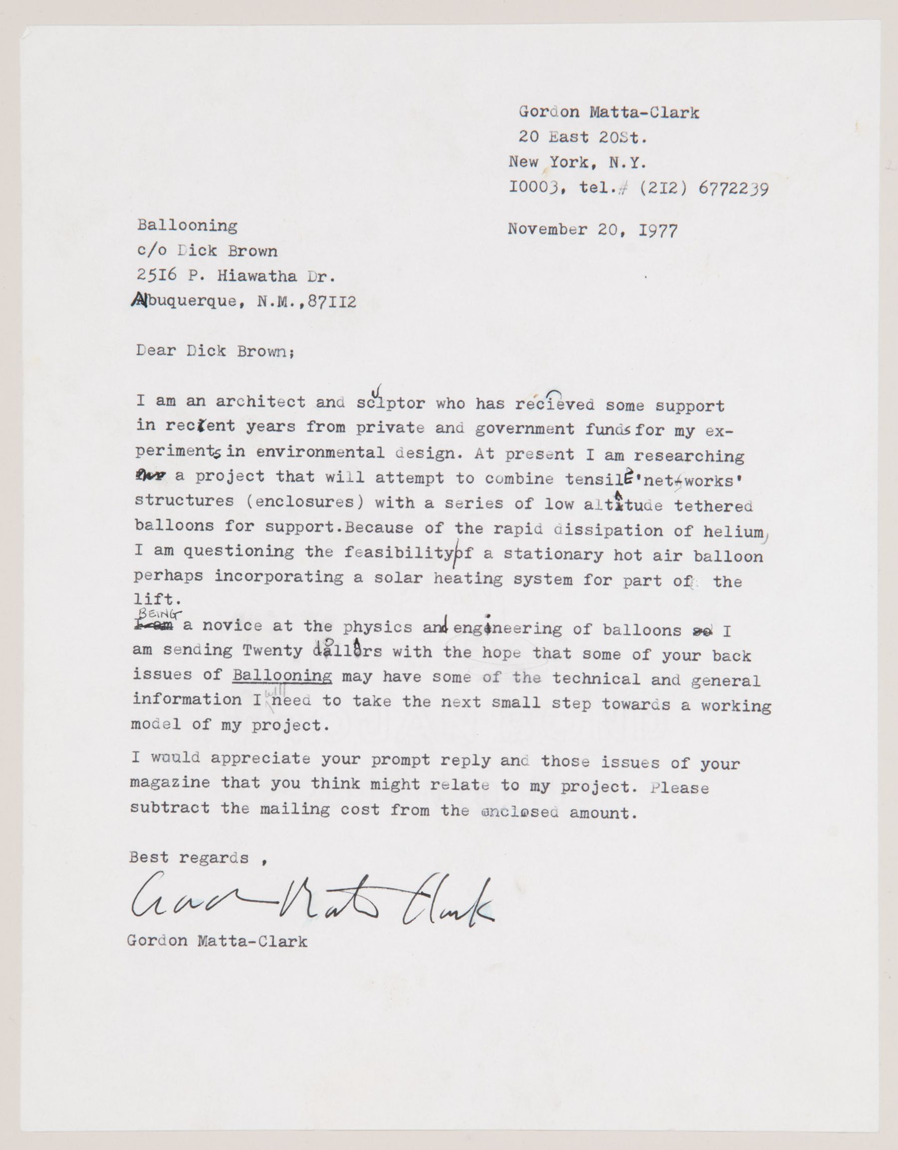 Lettre de Gordon Matta Clark à Dick Brown. 20 novembre 1977.