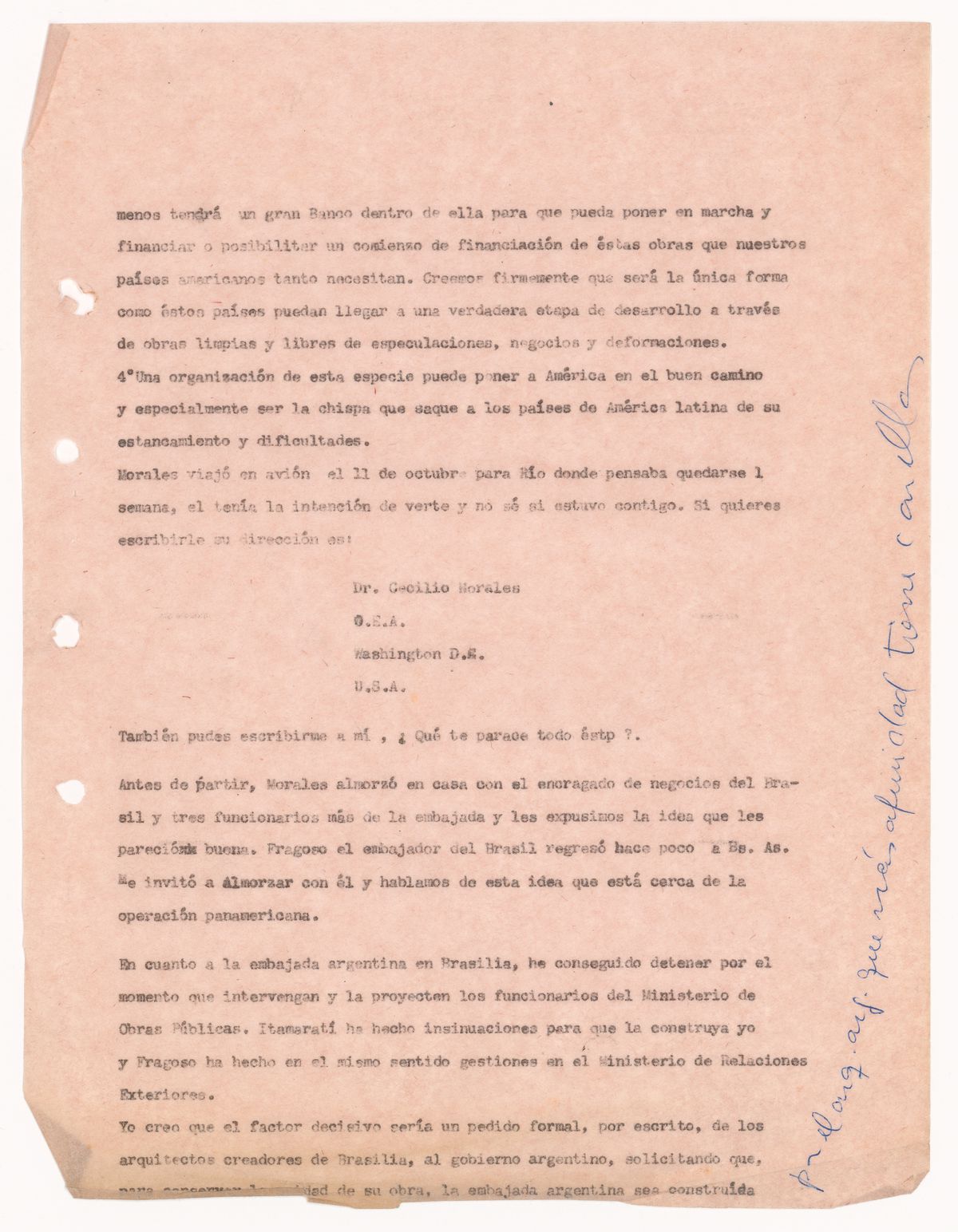 Letter from Amancio Williams to Oscar Niemeyer, c. 1960