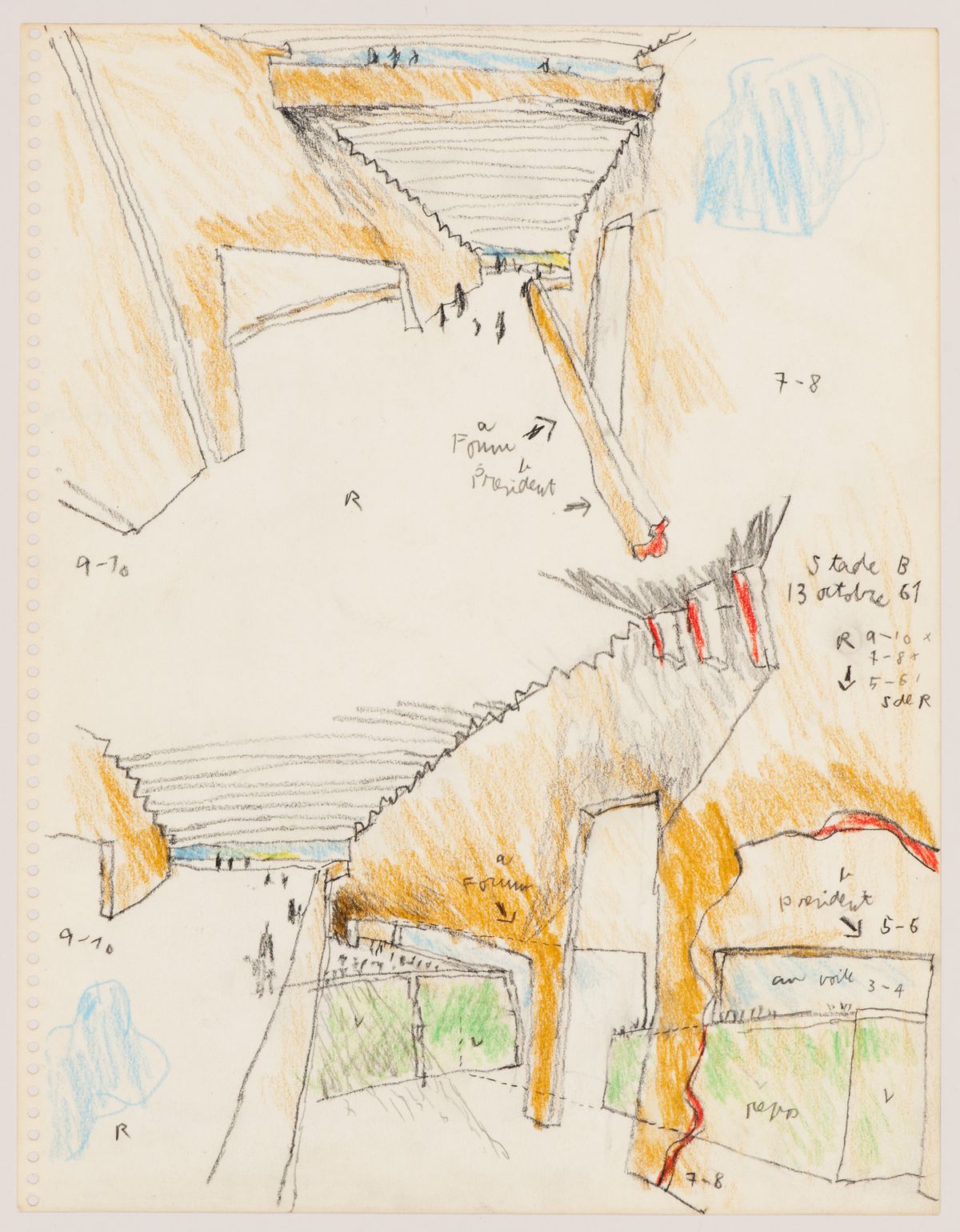 Le Corbusier avec Georges Présenté, Guillermo Jullian de la Fuente. Stade olympique, Bagdad. Esquisse de perspective intérieure pour les rampes d’accès. 1961