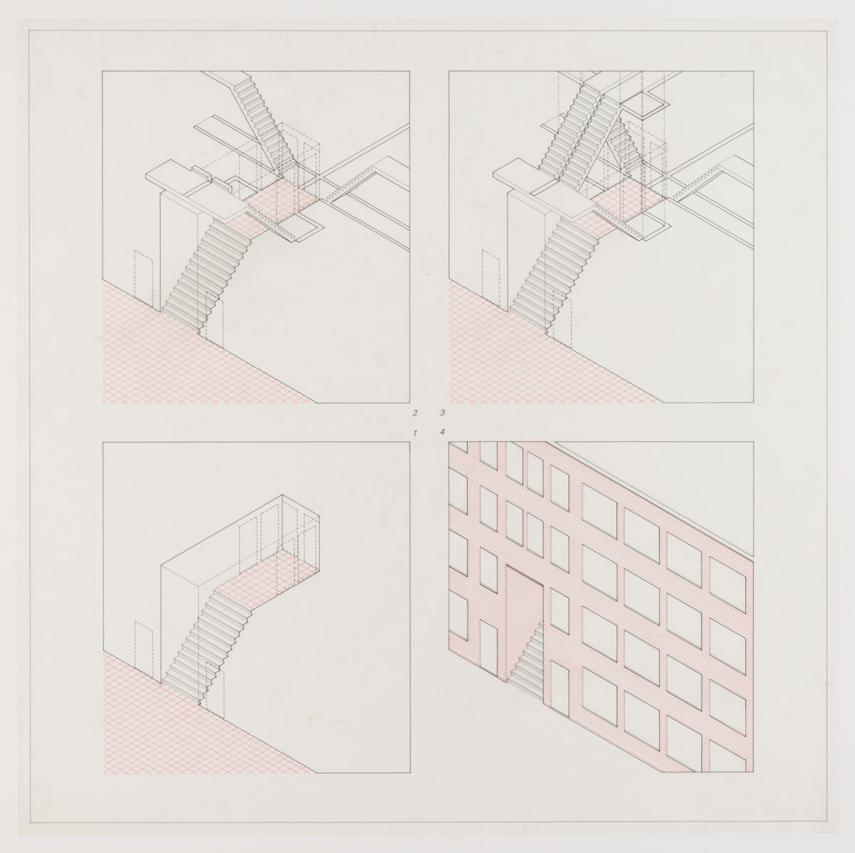 Álvaro Siza. Perspectives axonométriques de l'entrée « Haagse Portiek » montrant les escaliers menant aux appartements individuels, Punt en Komma, vers 1985