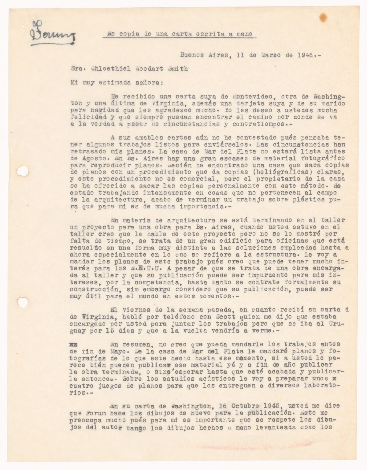 Letter from Amancio Williams to Chloethiel Woodard Smith