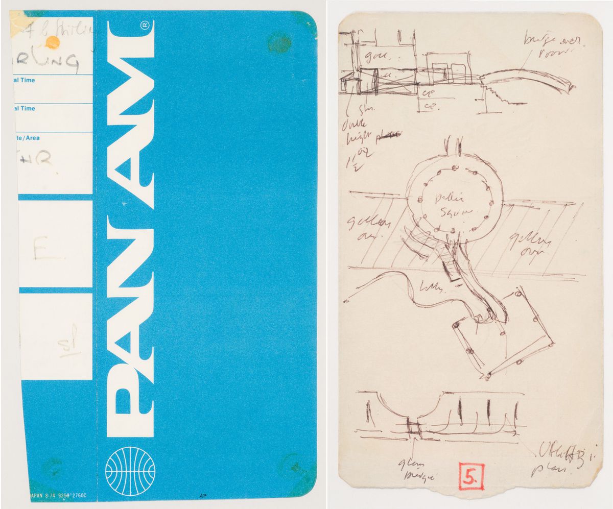 James Stirling and Partner. Nordrhein-Westfalen Museum, Düsseldorf, Germany: conceptual sketches on the back of a boarding pass. 1975