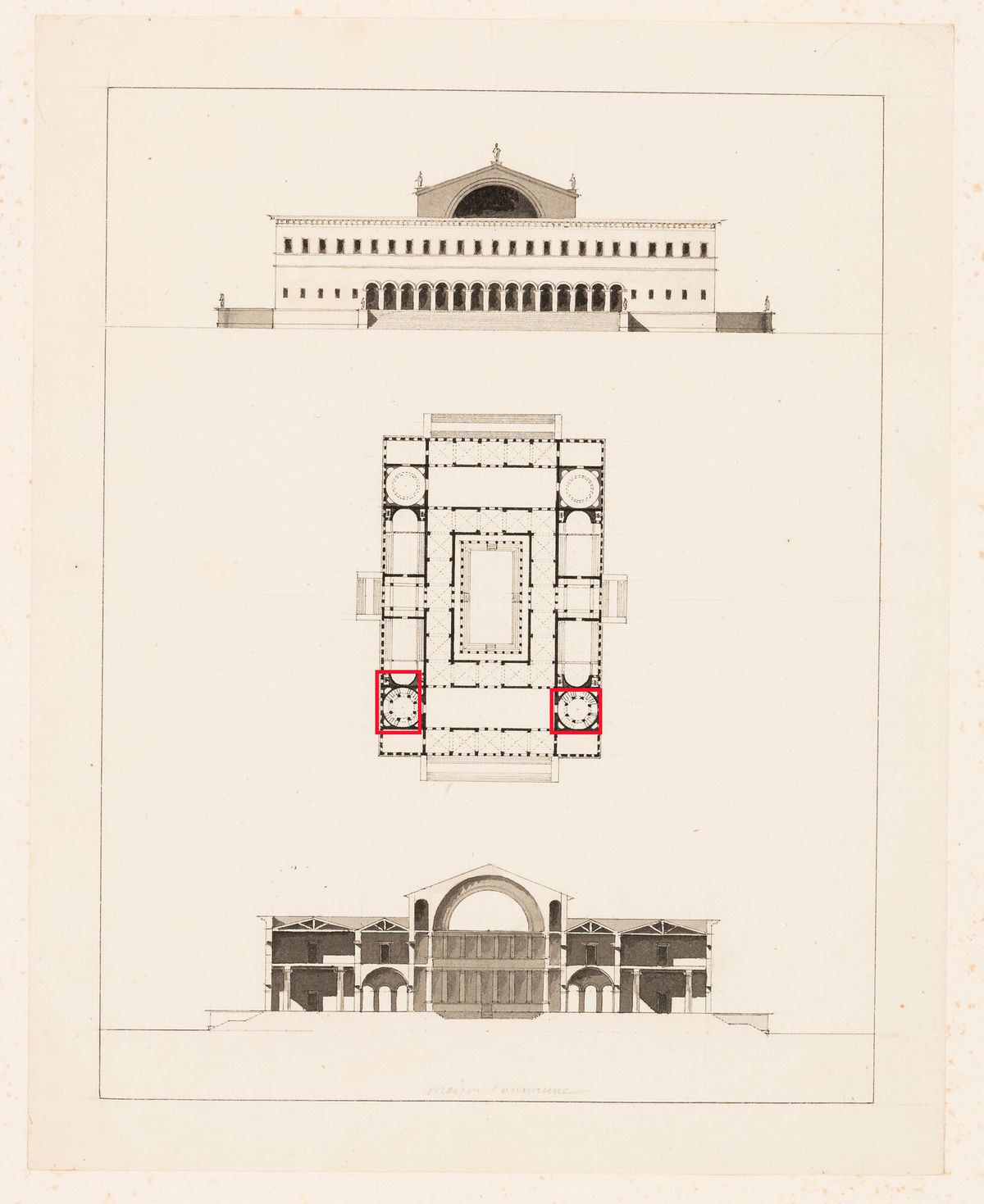 Hubert Rohault de Fleury, Elevation, plan and section for a maison commune