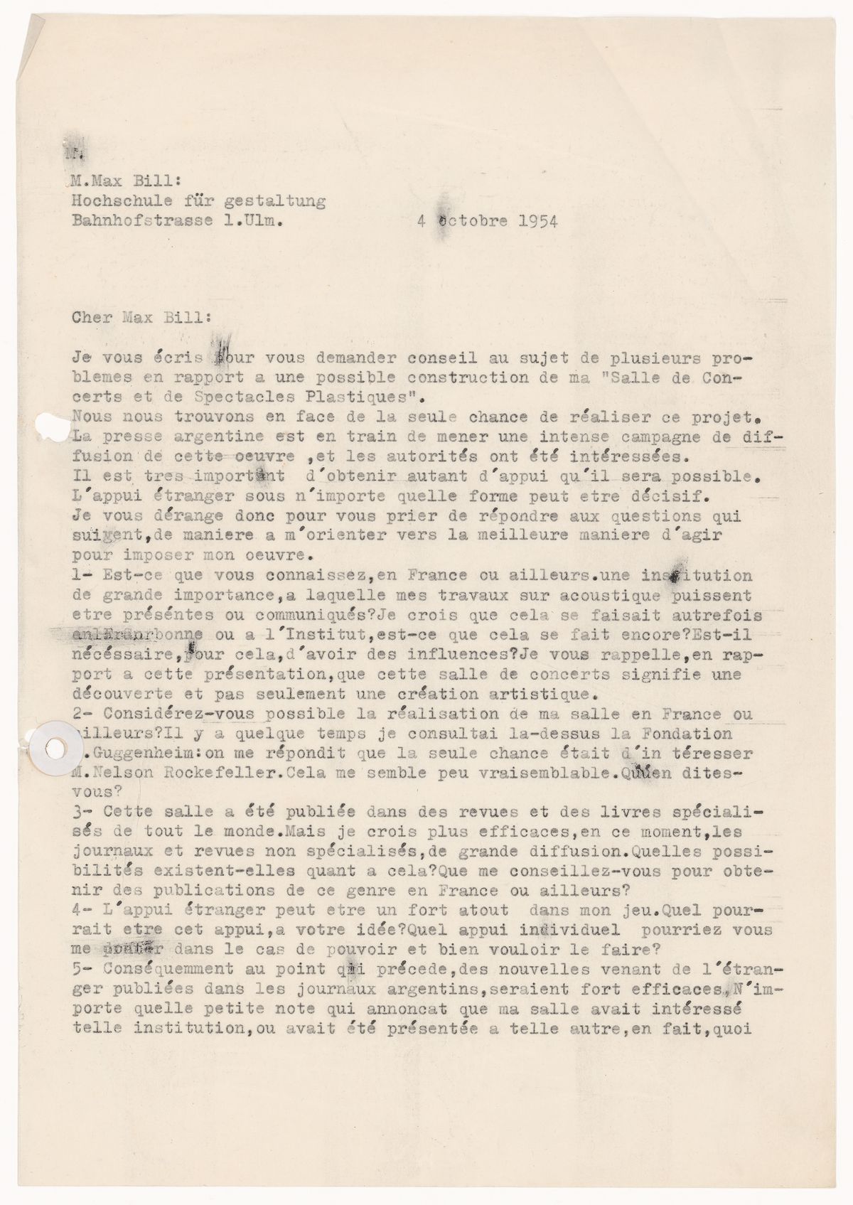 Letter from Amancio Williams to Max Bill, 4 October 1954
