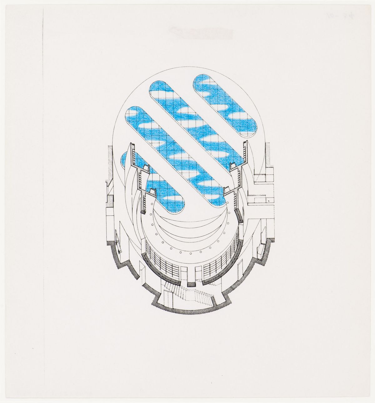 James Stirling, Michael Wilford and Associates. Biblioteca Pubblica, Latina, Italy (1979–1985): worm's-eye axonometric view of reference library