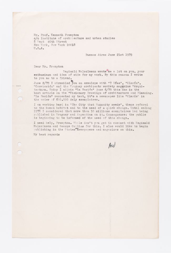Letter from Amancio Williams to Kenneth Frampton, 21 June 1979