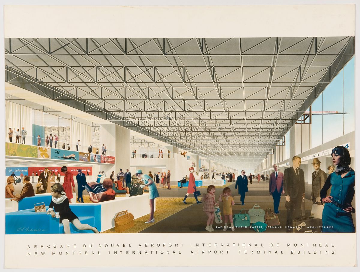 PGL architectes. Aérogare de l’Aéroport international de Montréal, Mirabel. Collage de présentation par F.R. Shieder, designer. Entre 1970 et 1972