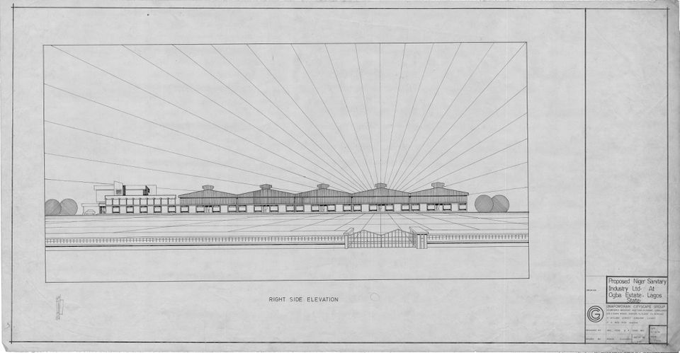 Elevation drawing, Ogba Estate Ikeja Niger Sanitary Industry Ltd, Nigeria, 1977