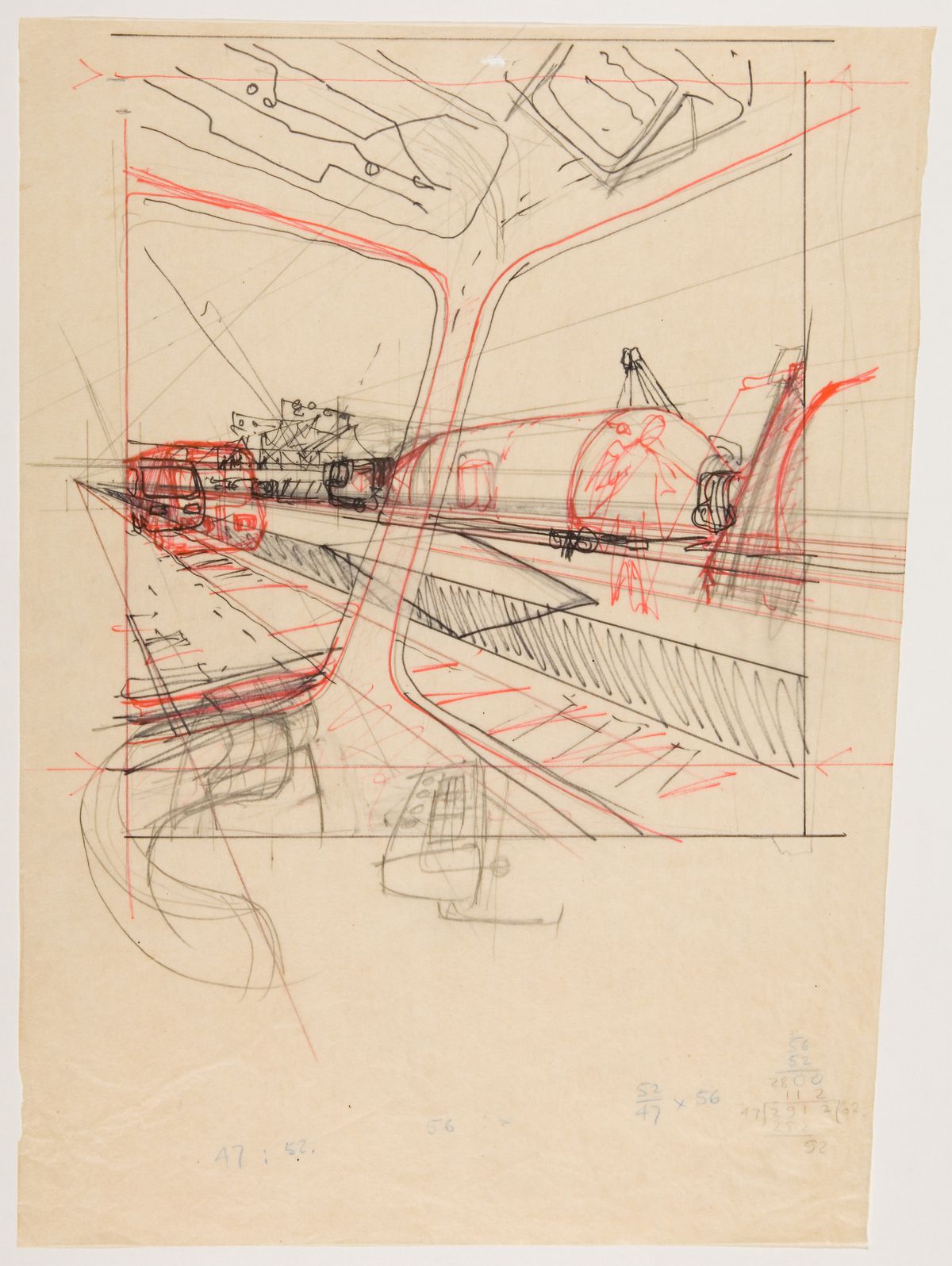 Cedric Price. Potteries Thinkbelt, North Staffordshire, Angleterre : perspective et détail. Entre 1963 et 1966.