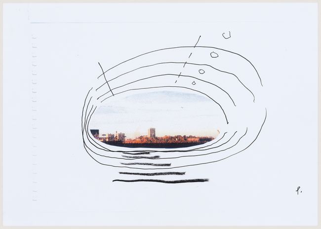Cedric Price. Concours de la fondation internationale du Centre Canadien d'Architecture (FICCA) pour la conception des villes : esquisses conceptuelle intégrant une vue panoramique du site dans l'Ouest de Manhattan, New York. 1998 ou 1999