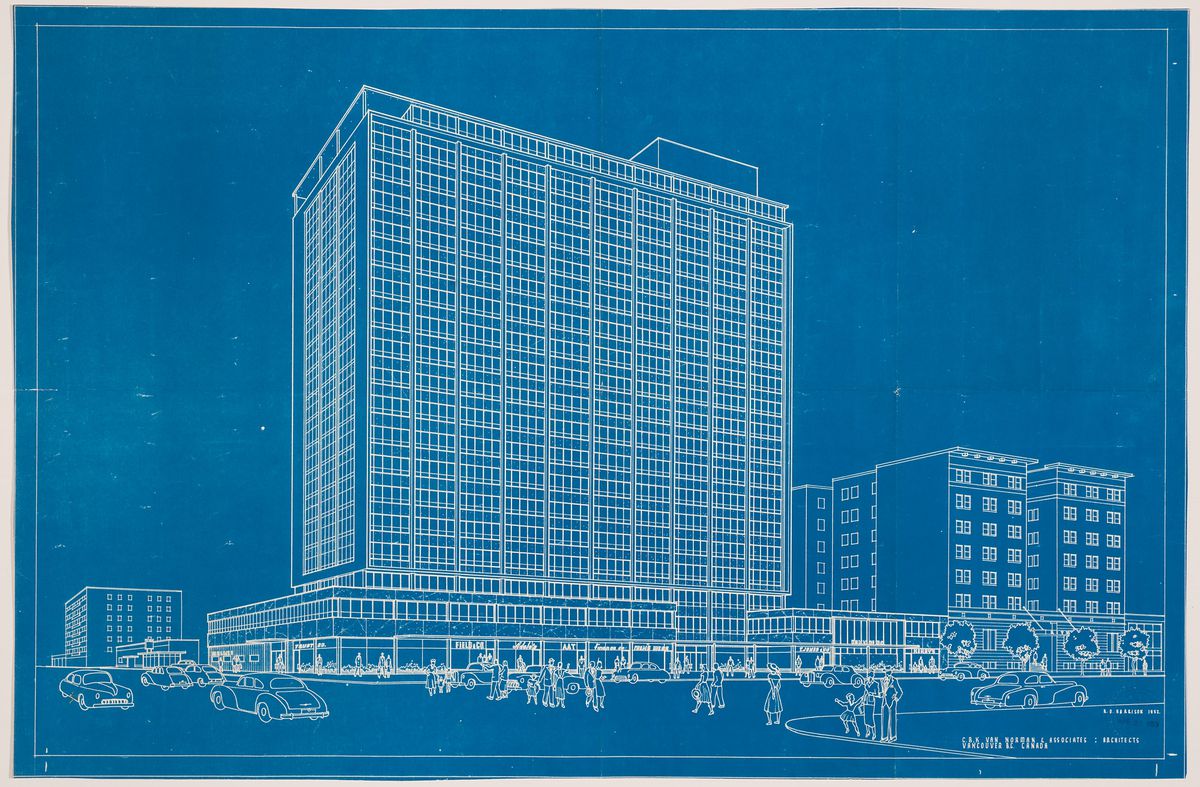 Gilbert Eng, Charles Van Norman and Associates. Burrard Building, Vancouver. Schéma préliminaire de perspective par R.D. Harrison, dessinateur. 1952
