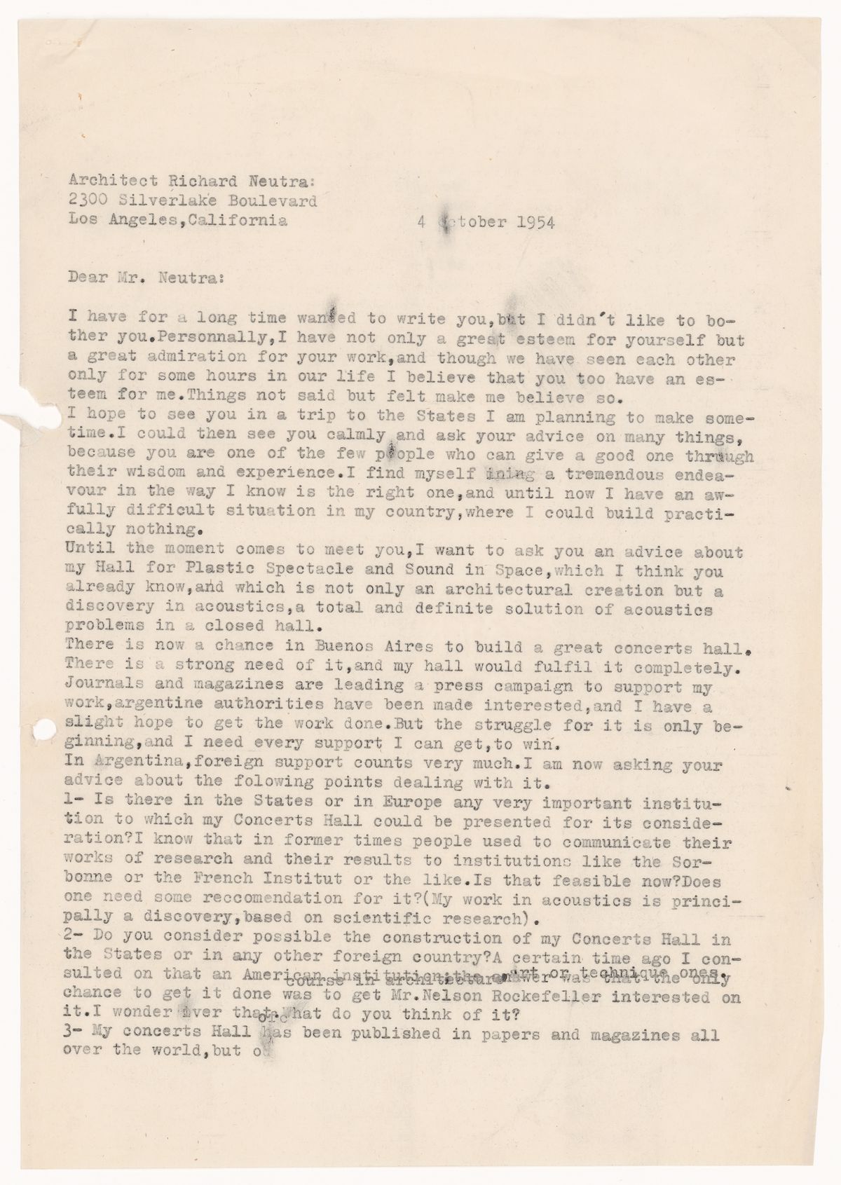 Letter from Amancio Williams to Richard Neutra, 4 October 1954