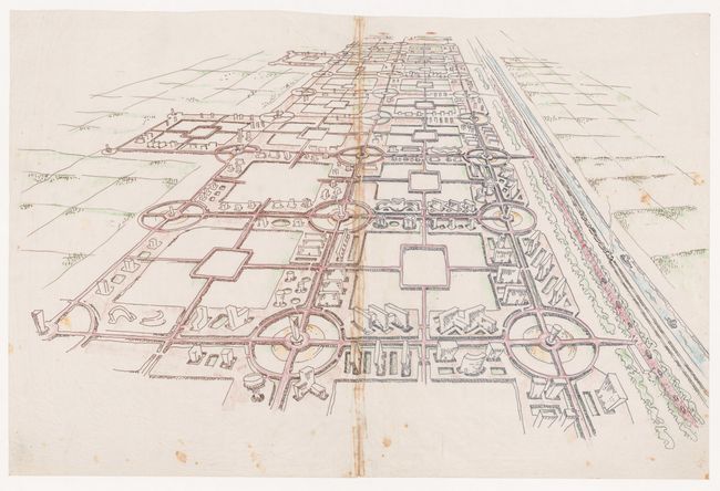 Sketch perspective of informal sector for Linear City, Chandigarh, India, ca. 1975-1987