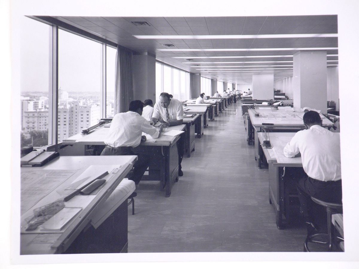 interior view of an office area with designers at work, Kaiser Center, Oakland, California, United States