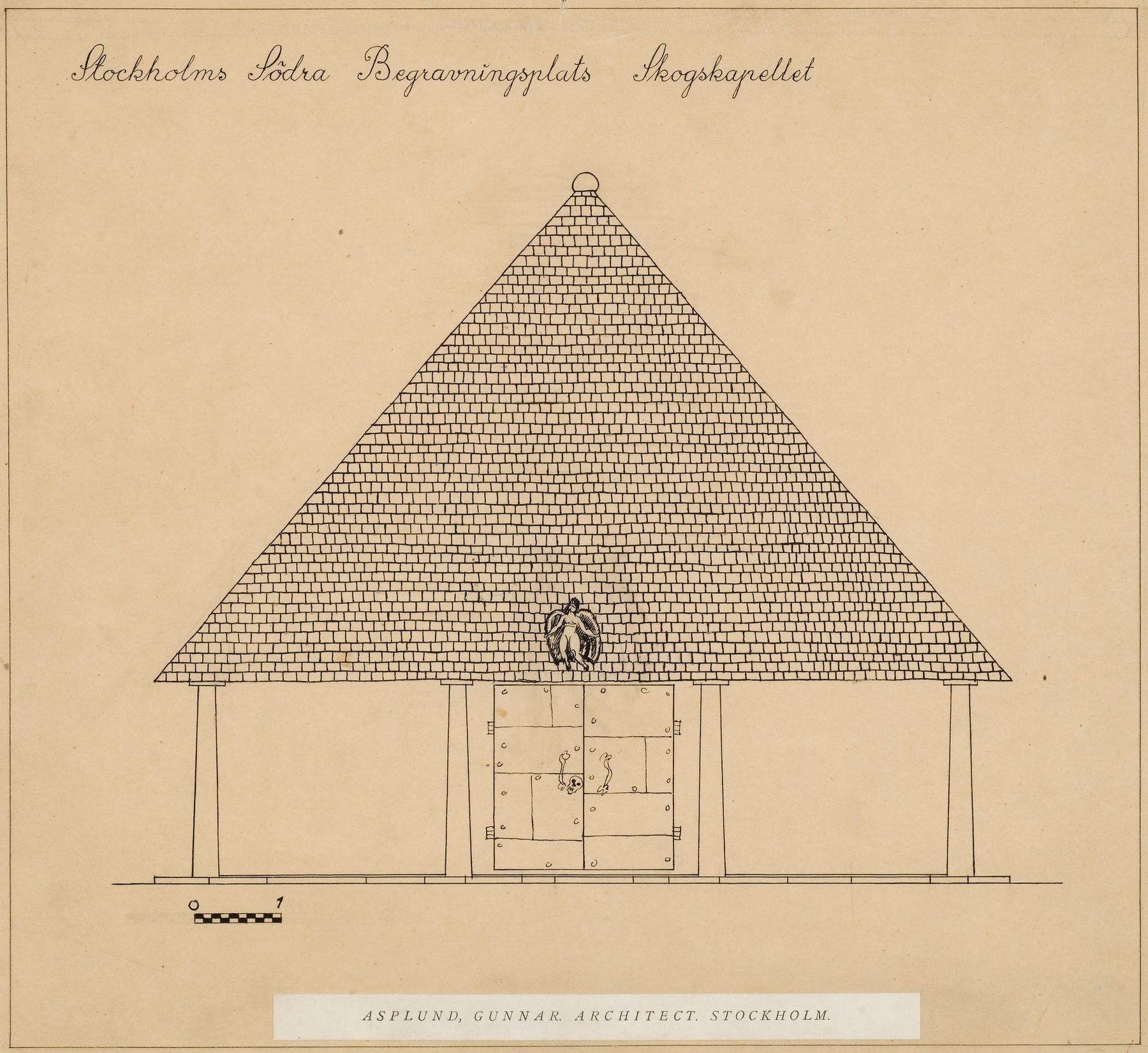 Erik Gunnar Asplund. Élévation de la façade principale pour la chapelle des Bois, à Stockholm, en Suède. 1918-1921.