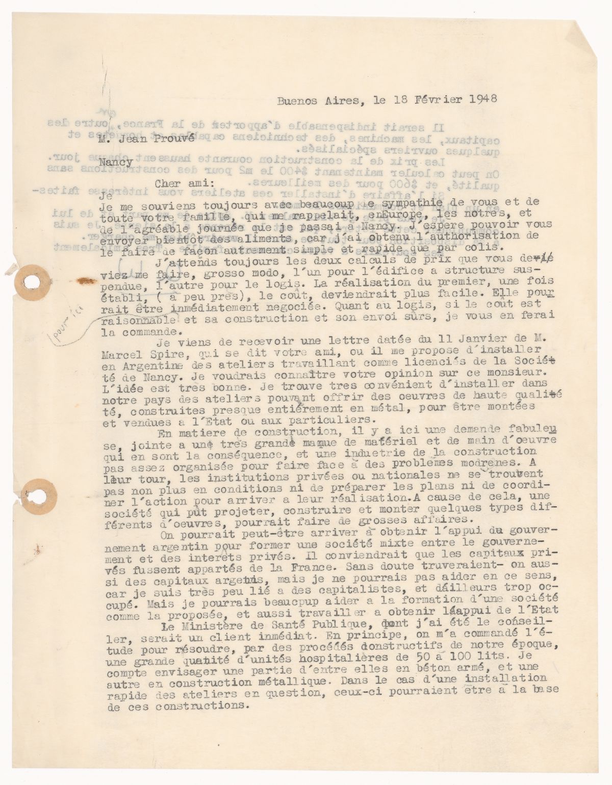 Letter from Amancio Williams to Jean Prouvé, 18 February 1948