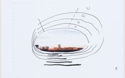 Cedric Price. Concours de la fondation internationale du Centre Canadien d'Architecture (FICCA) pour la conception des villes : esquisses conceptuelle intégrant une vue panoramique du site dans l'Ouest de Manhattan, New York. 1998 ou 1999