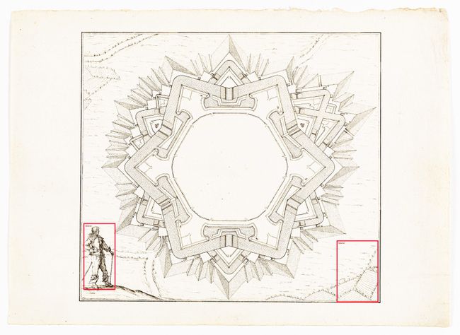 Plan of star / bastion fort, set in perspective landscape with male figure