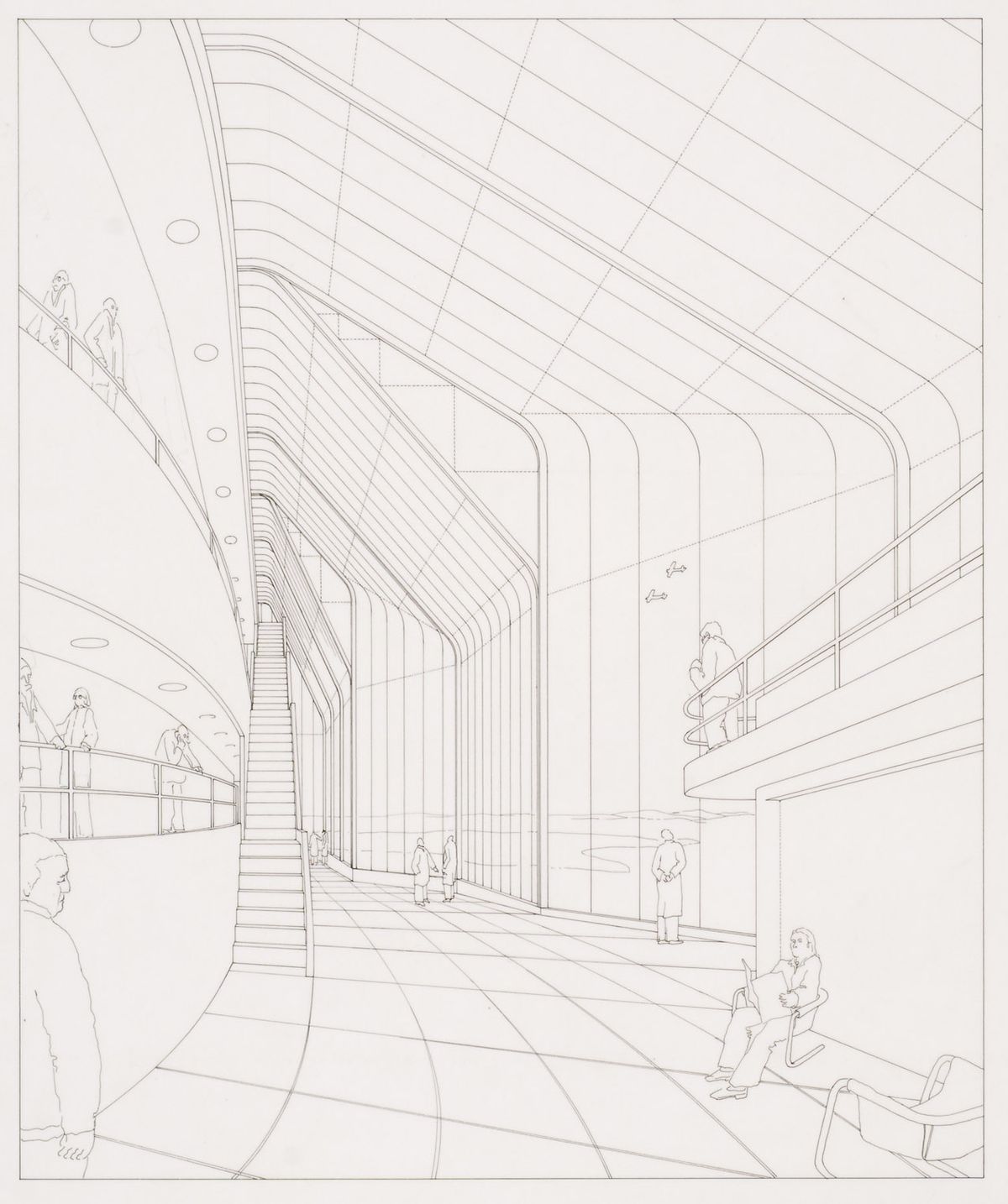 James Stirling. Siège social britannique d’Olivetti, Milton Keynes. Perspective intérieure par Léon Krier, dessinateur. 1970-1974