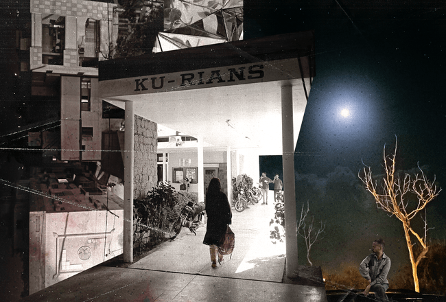 Collage numérique réunissant des fragments de Karachi : le hall des arts de l'université de Karachi, une vue de l'aéroport à la pleine lune et une rue résidentielle calme près de Tipu Sultan