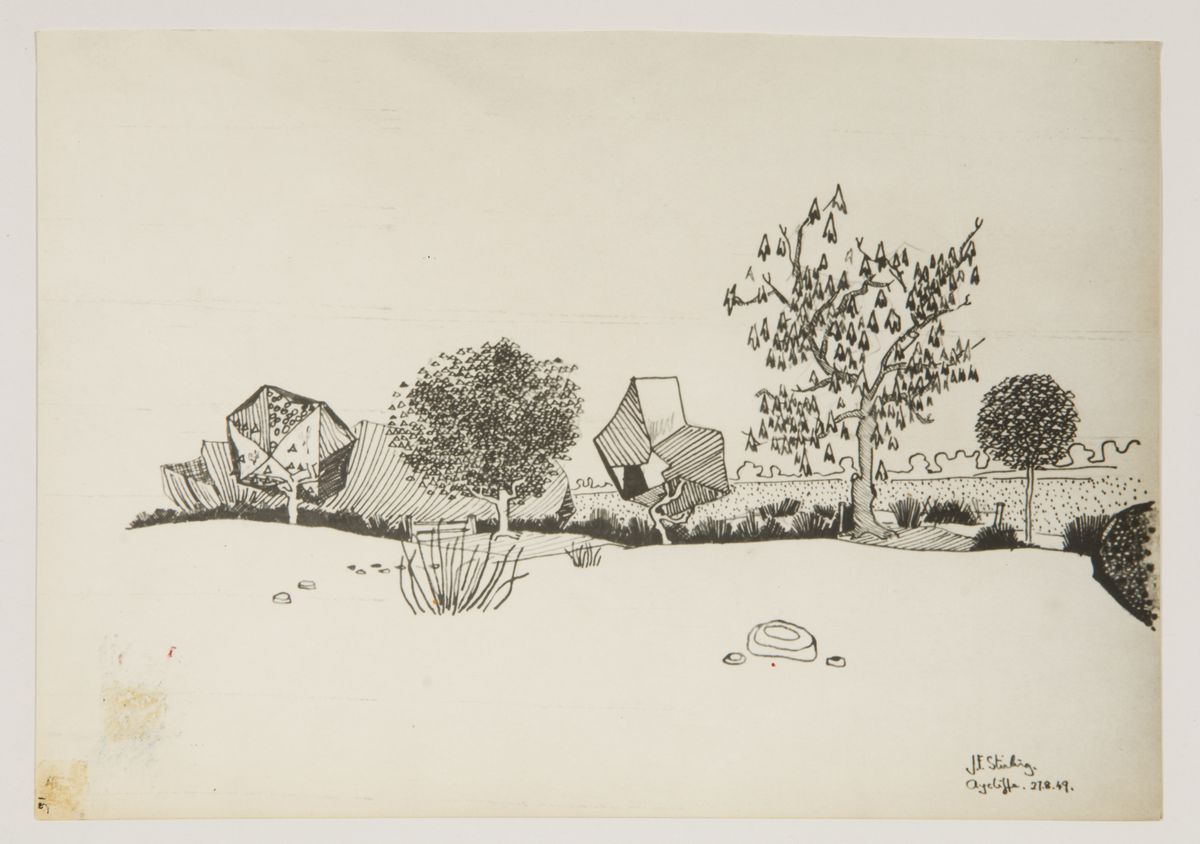 James Frazer Stirling. Thesis, Liverpool School of Architecture (1949-1950). Plan of Town Centre and Development of Community Centre for Newton Aycliffe, Co, Durham: preliminary landscape study. 27 August 1949